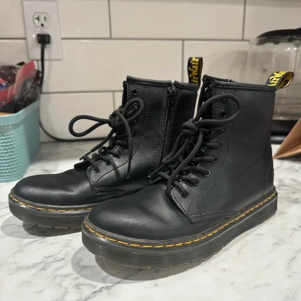 Dr. Martens Kids Black Leather Lace-Up Boots with Yellow Stitching
